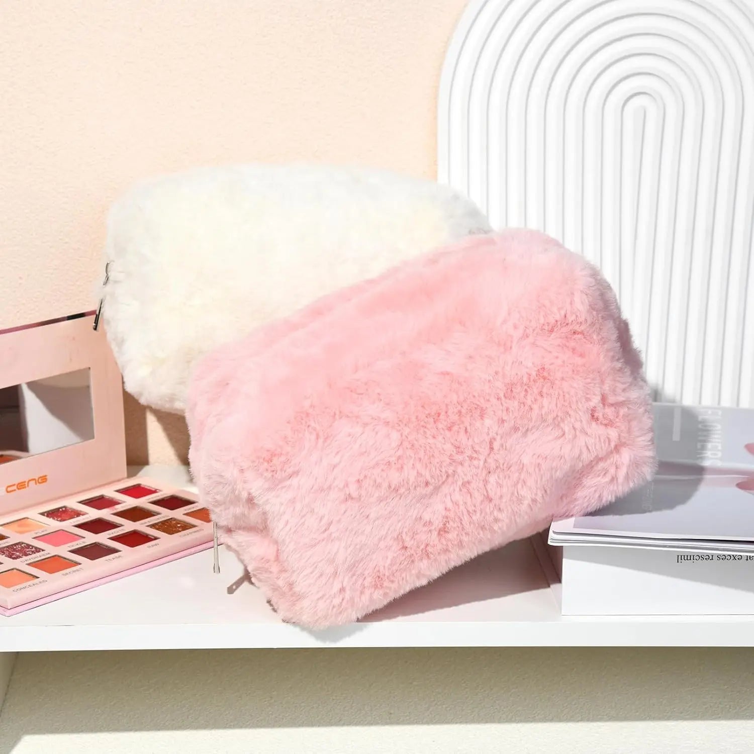 Makeup Bag Cute Cosmetic Bag Plush Pink White Makeup Pouch Travel Toiletry Bag Organizer Puffy Storage Bag for Women