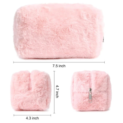 Makeup Bag Cute Cosmetic Bag Plush Pink White Makeup Pouch Travel Toiletry Bag Organizer Puffy Storage Bag for Women